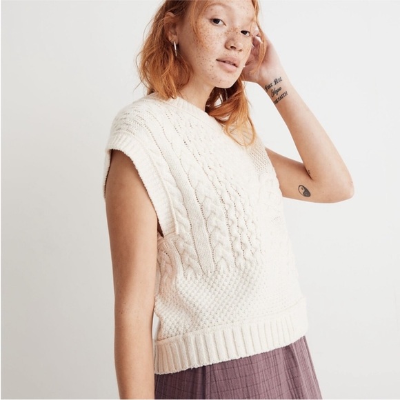 Madewell Patchwork Sweater Vest Cable Knot Oversized Boxy Soft Cotton Blend SZ S - Picture 2 of 9